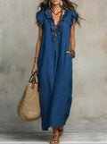 Solid color sleeveless V-neck vacation long dress eprolo