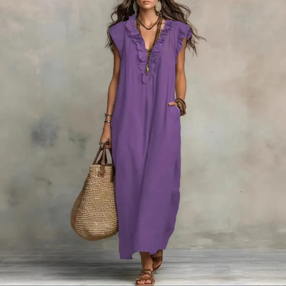 Solid color sleeveless V-neck vacation long dress eprolo