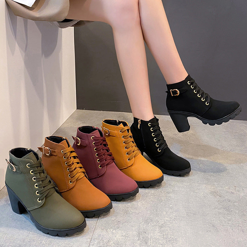 High heels belt buckles thick heels round toe Martin boots for women eprolo