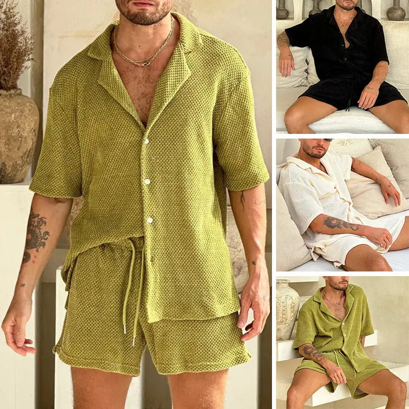 Men's Casual Summer Shirt and Shorts Set with Flip Collar eprolo
