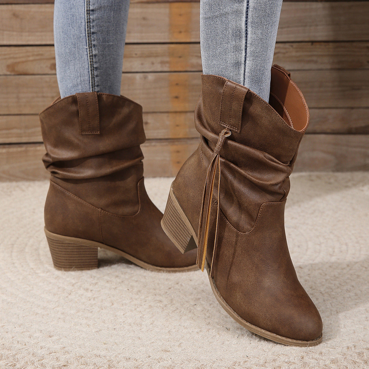 Middle heel boots with pleats middle tube stacked boots with tassels eprolo