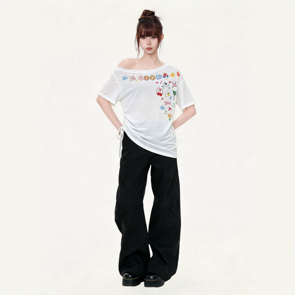 Off-Shoulder Short Sleeve T-Shirt for Women  Cartoon Print Irregular Design Stylish Top eprolo