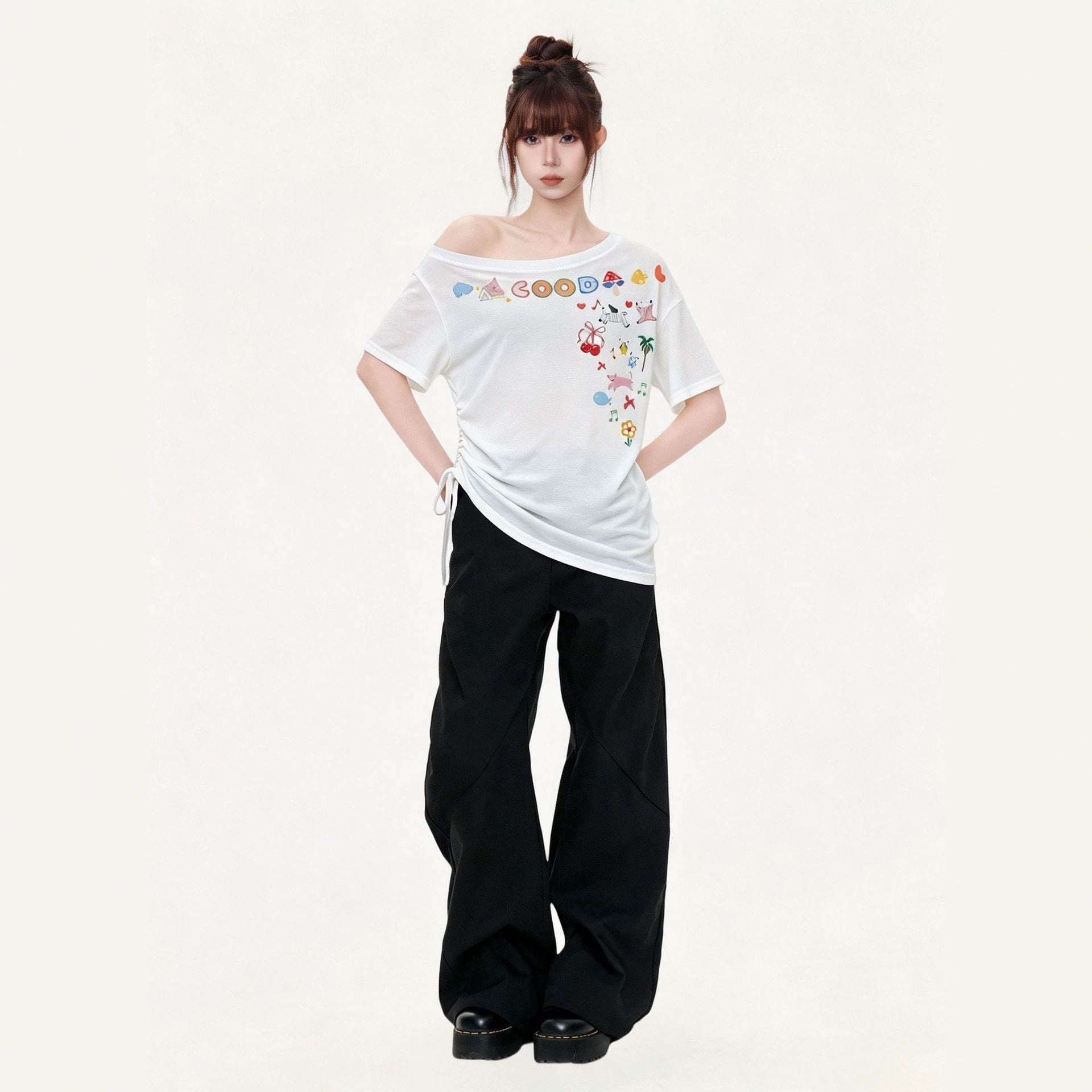 Off-Shoulder Short Sleeve T-Shirt for Women  Cartoon Print Irregular Design Stylish Top eprolo