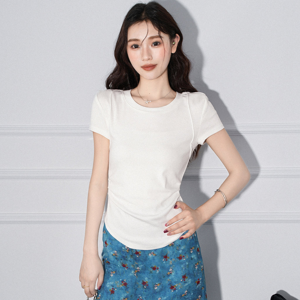 Round Neck Pleated Irregular Hem Short Sleeve T-Shirt for Women eprolo