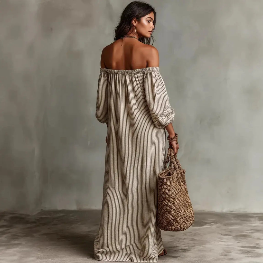 Shoulder revealing long sleeved dress with stripes eprolo