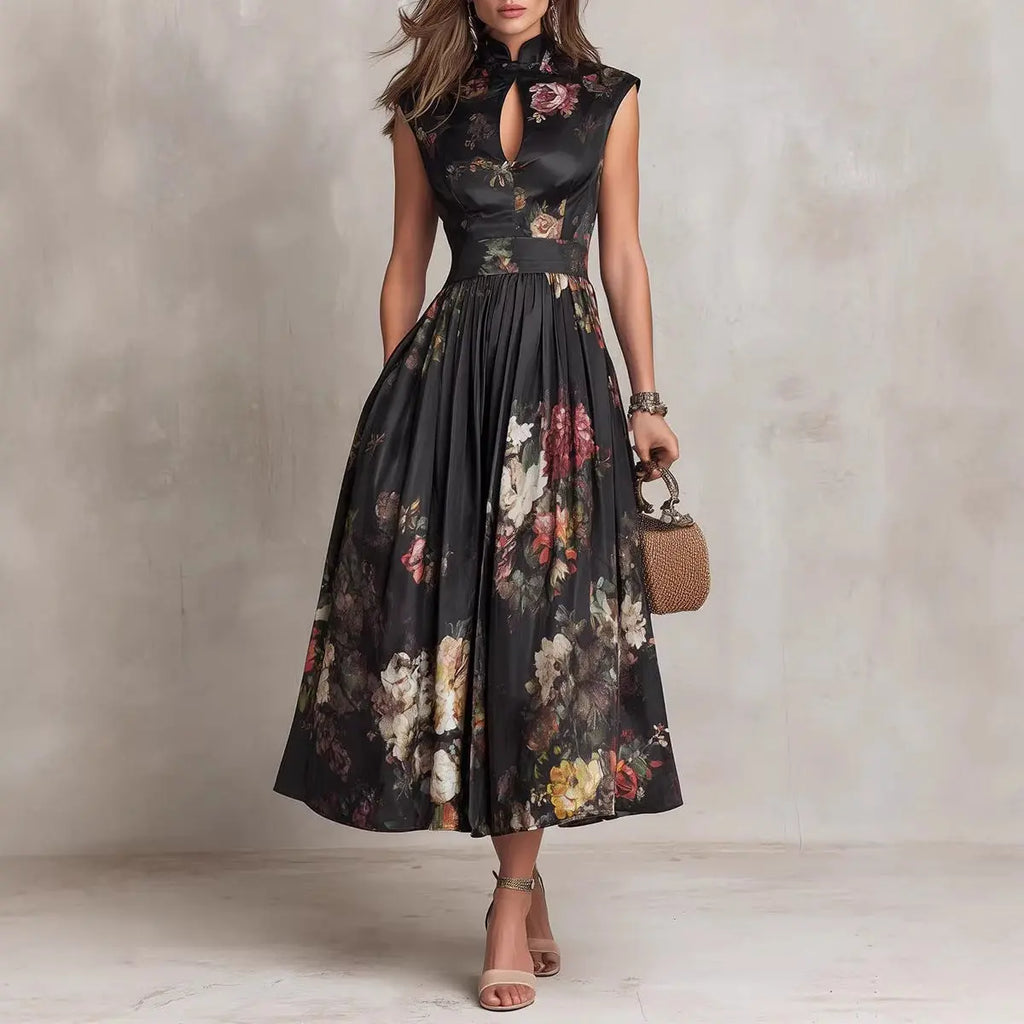 Sleeveless black digital printed long skirt eprolo