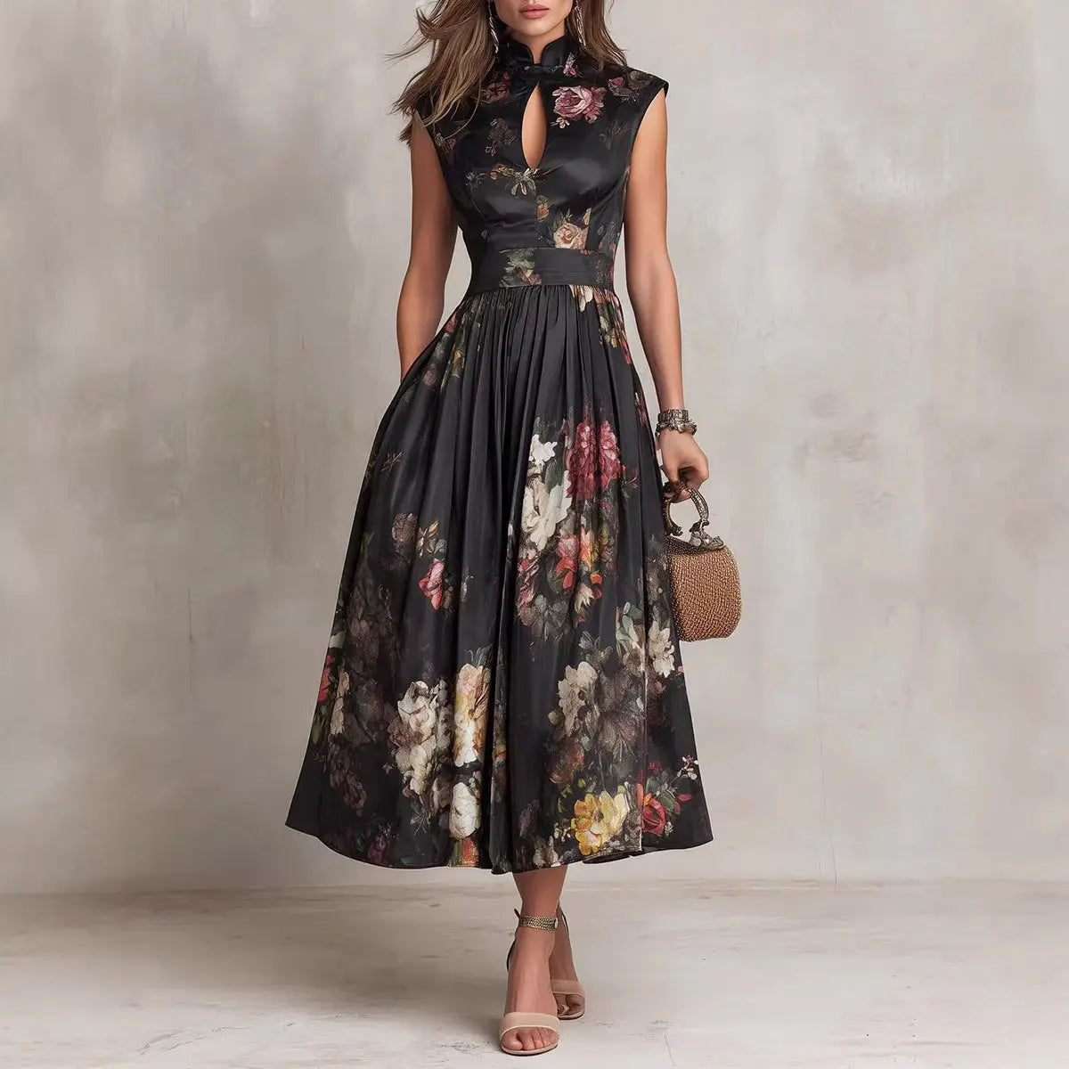 Sleeveless black digital printed long skirt eprolo