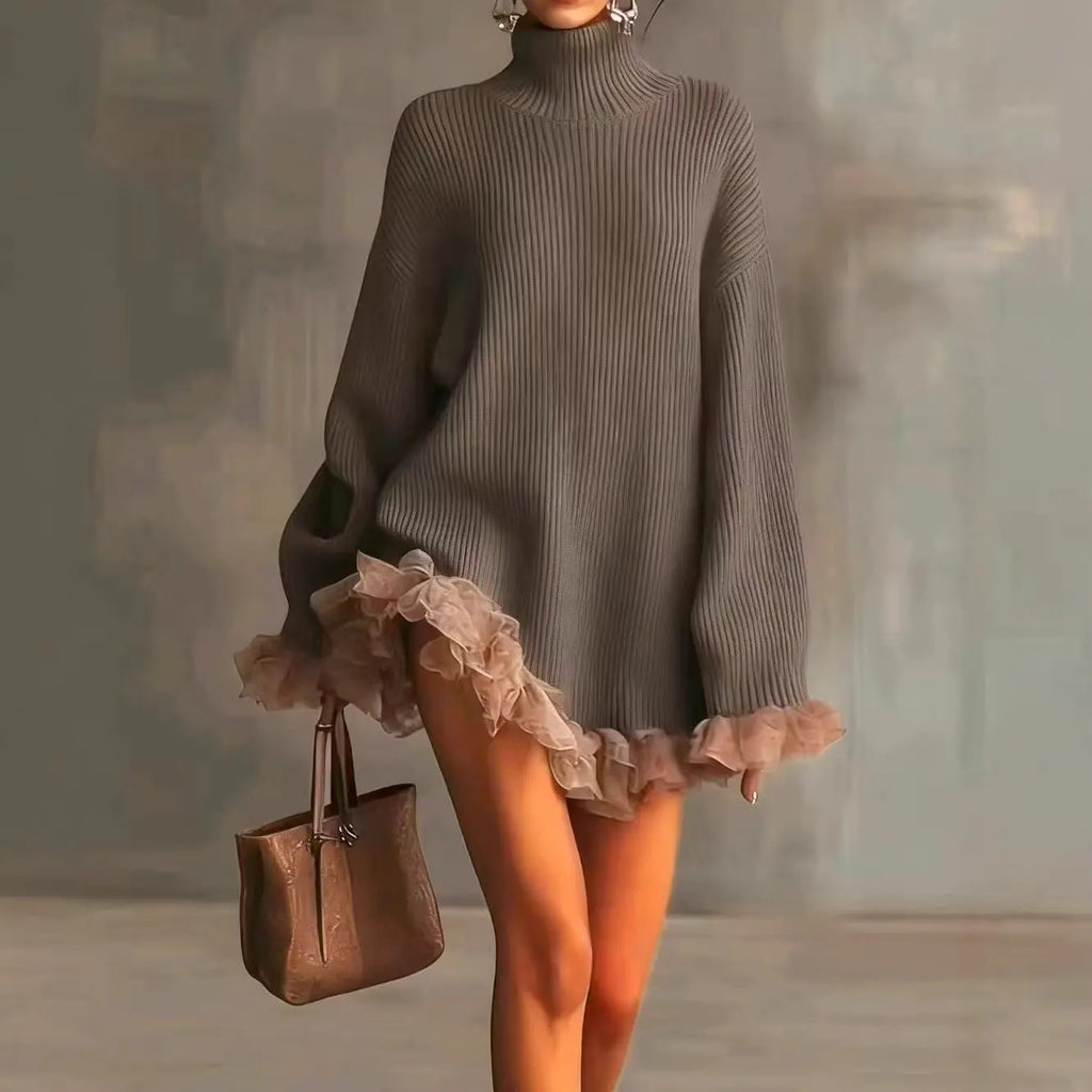 High neck knitted small groove strip with ruffle edge splicing long sleeve eprolo