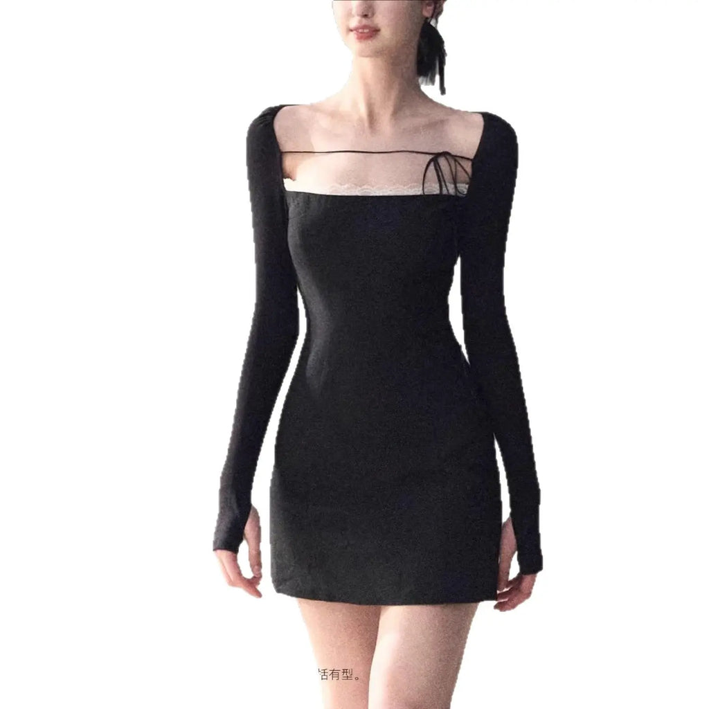 Sexy Black Fitted Long Sleeve Dress for Women  Slim Short Dress eprolo