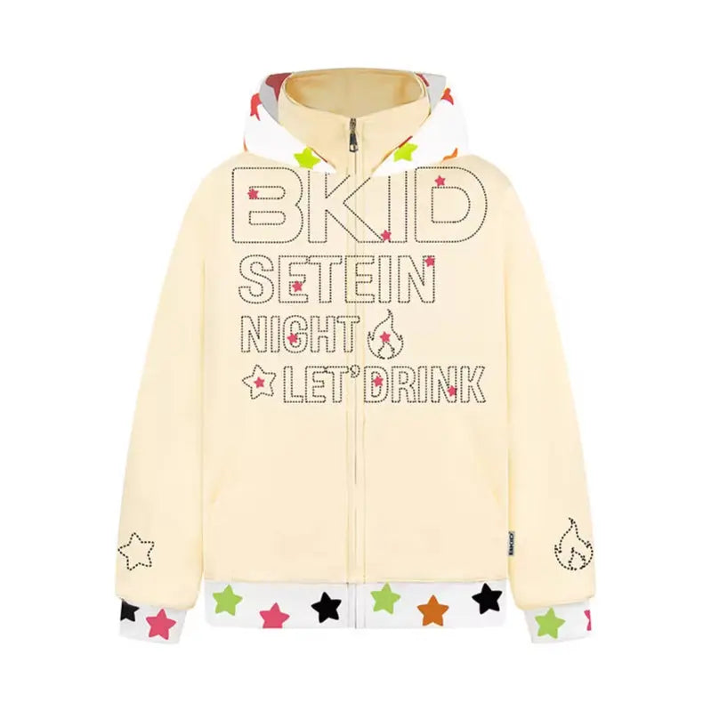 Patchwork Hooded Zip-Up Sweatshirt Loose Casual Outerwear Top eprolo