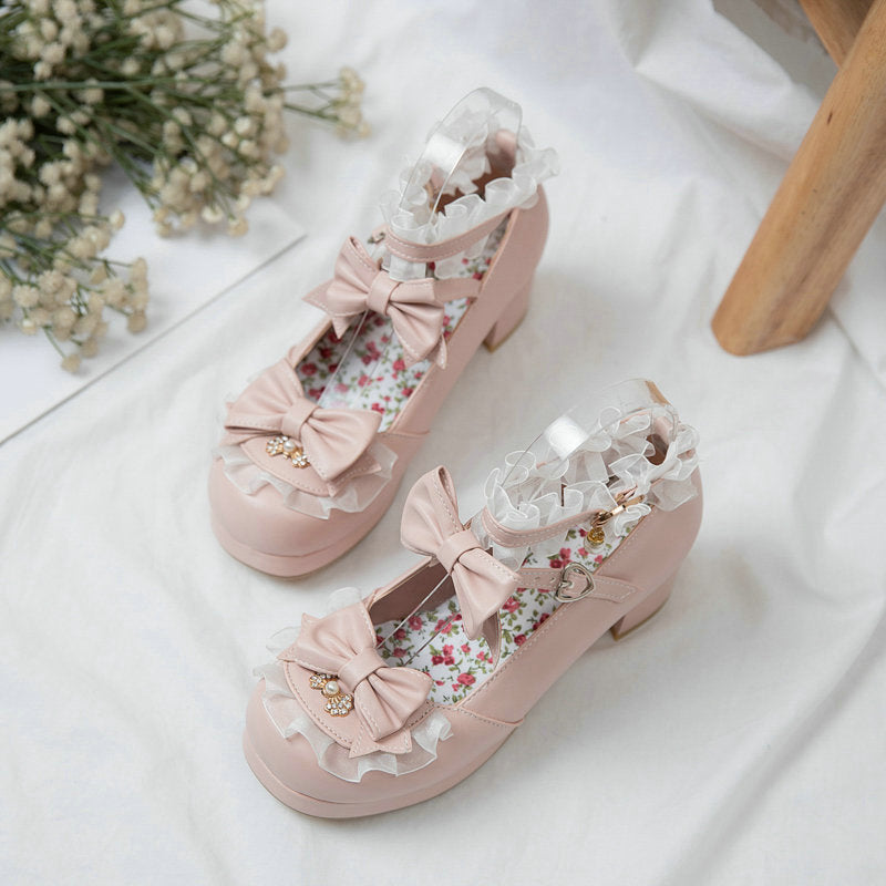 Lolita women's shoes bow shallow mouth cute girl round head with middle heel loli single shoes eprolo