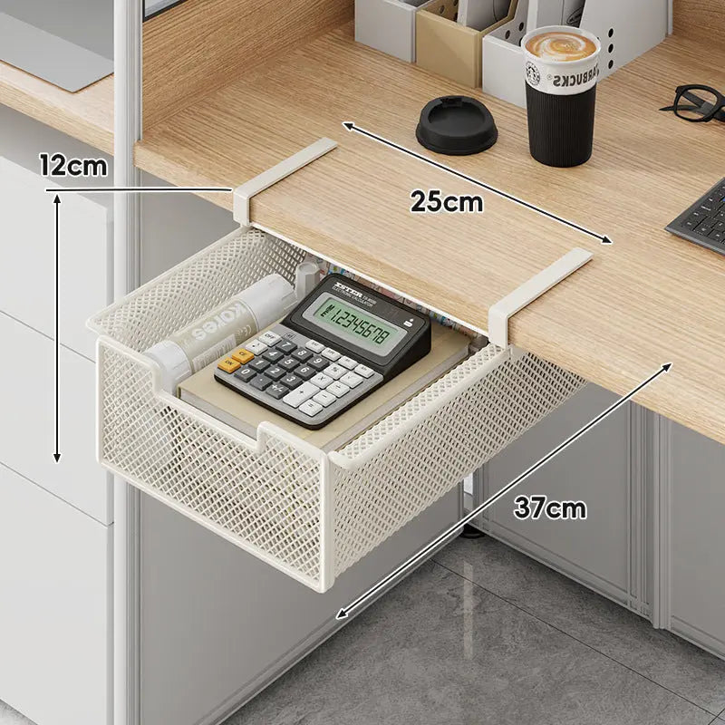 Desktop Drawer Organizer, Under-Desk Hanging Storage Box, Iron Mesh Office Supply, Long Rectangle Design, Chinese Style eprolo