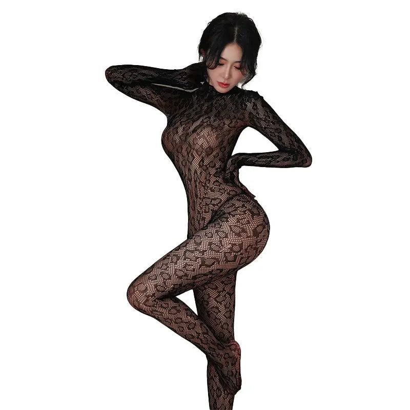 Sexy Lingerie Leopard Print Sheer Bodysuit with Fishnet and Open Back My Store