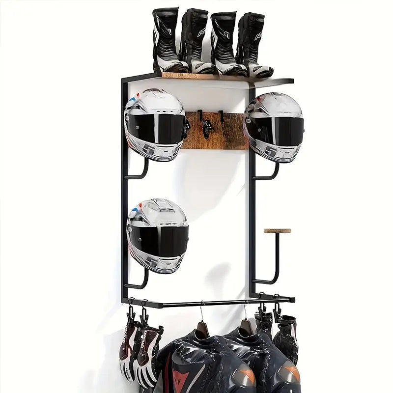 Wooden Motorcycle Helmet Wall Mount, 4 Hat Racks with 4 Helmet Hooks, Wall Display Storage for Bike Gear eprolo