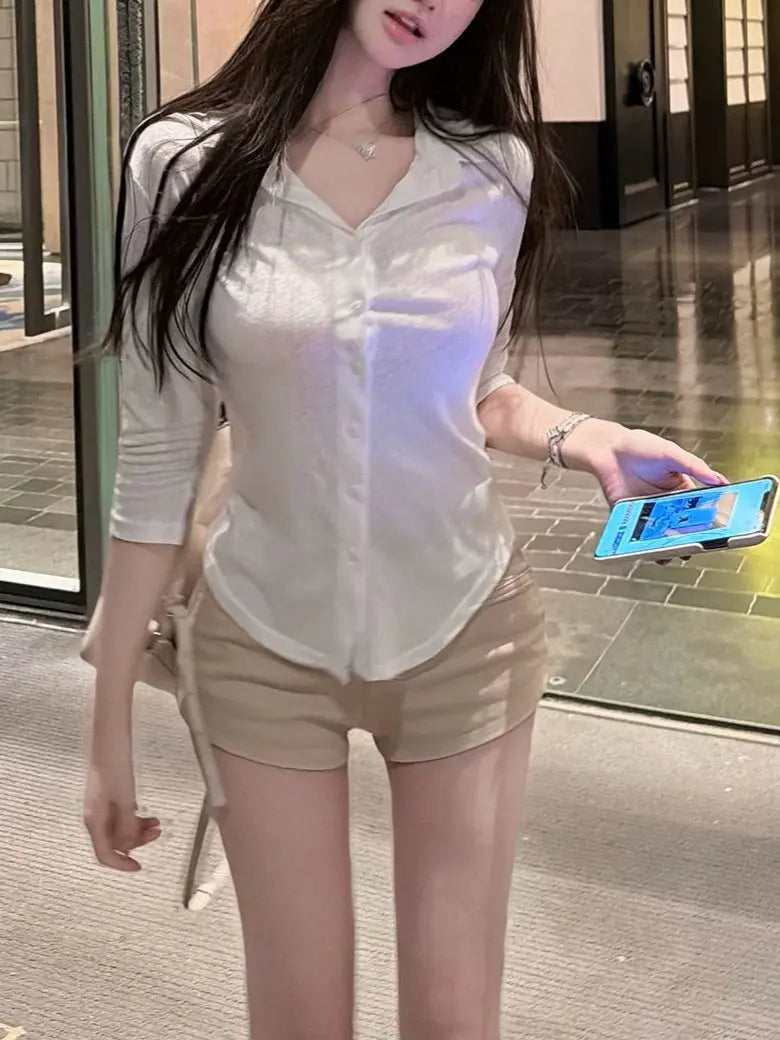 Snow Cotton Semi-Transparent Mid-Sleeve Shirt Pure Desire Style Sexy Blouse for Women eprolo