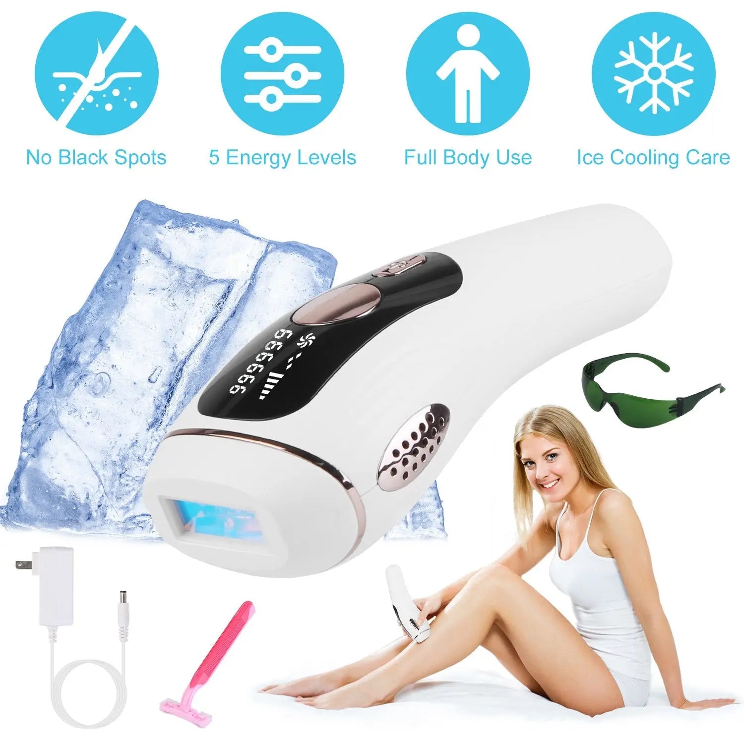 1Pc Laser Hair Removal For Summer Swimming Woman Man Ice Cooling Permanent IPL Hair Remover With Painless 999999 Flashes Home Use Lasting Hair Reduction For Armpits Legs Arms Bikini Line My Store